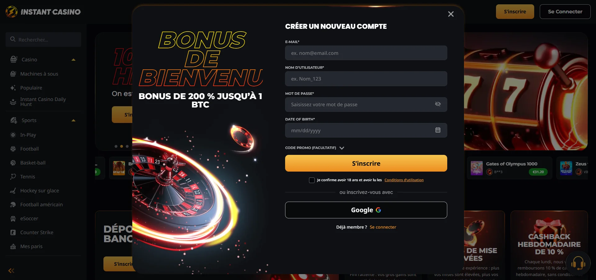 Comment s'inscrire sur Instant Casino casino ?