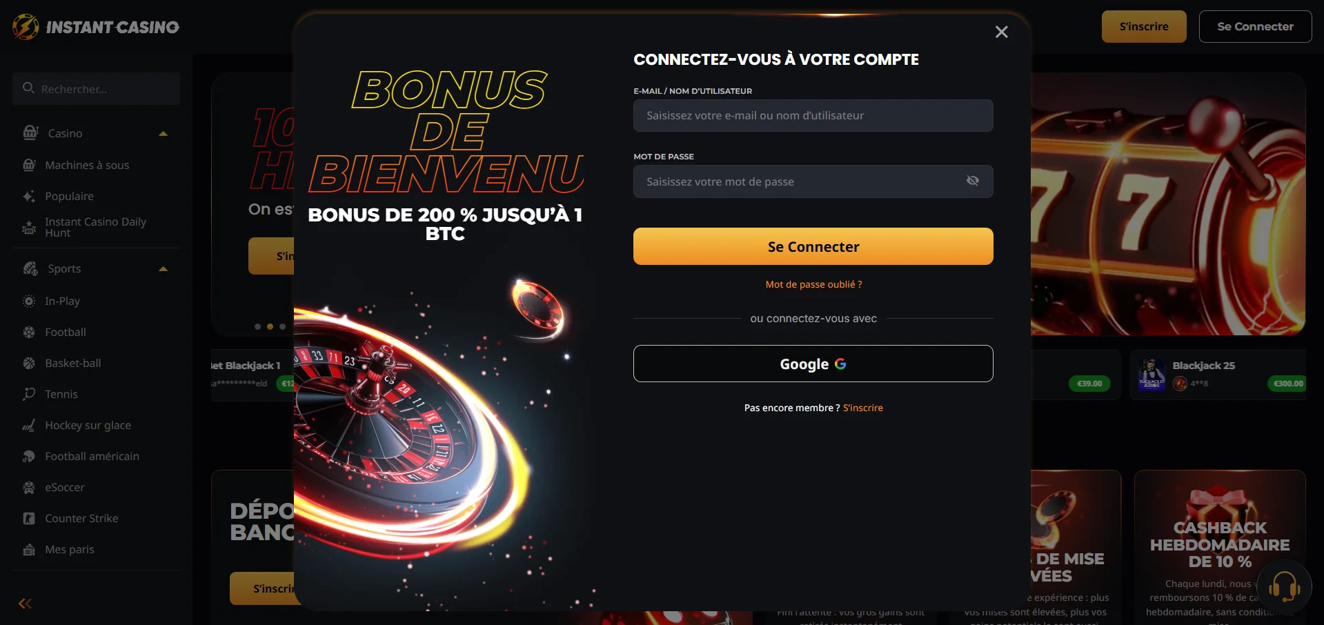 Instant Casino Casino : connexion à l'application